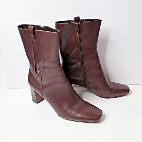 VTG Nine West Brown Leather Square Toe Heeled Boots Shoes 90s Retro Classic 9 M* - Picture 1 of 10